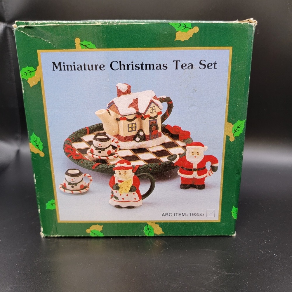 Vintage Miniature Christmas Cabin Tea Set Tray Tea Pot and Mugs